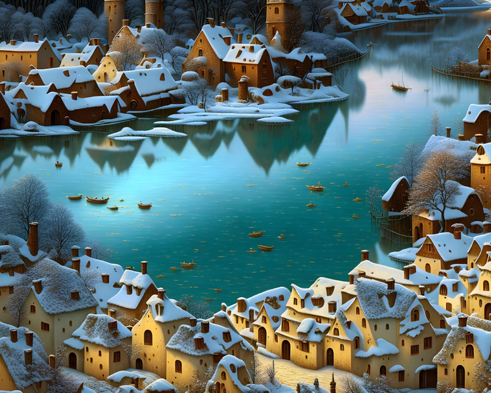 Snow-covered winter village by river with lit windows and twilight sky