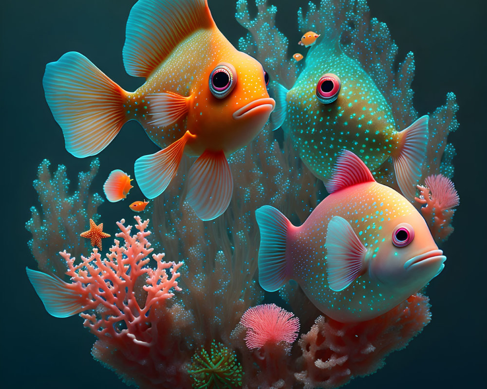 Colorful Cartoon Fish and Coral on Dark Background