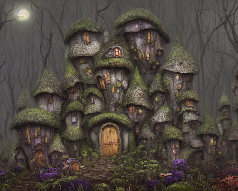 Fantasy Forest Scene: Whimsical Mushroom Houses in Twilight and Fog