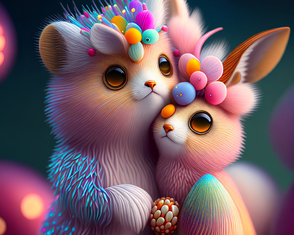 Colorful digital art: Cat and rabbit creatures with whimsical ornaments.