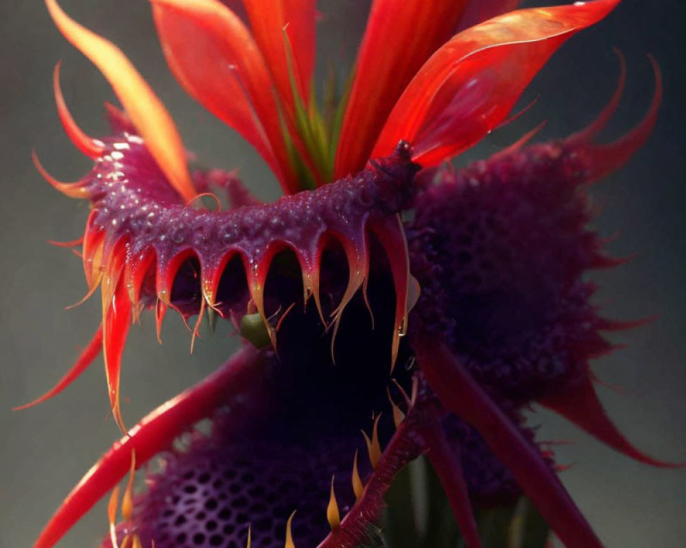 Exotic purple plant with orange and red petals in atmospheric setting