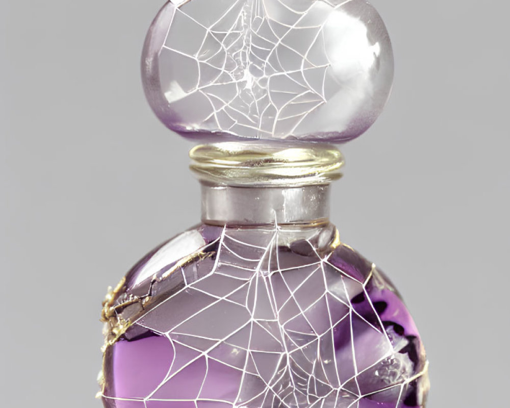 Cracked glass perfume bottle with purple liquid and silver filigree on neutral background