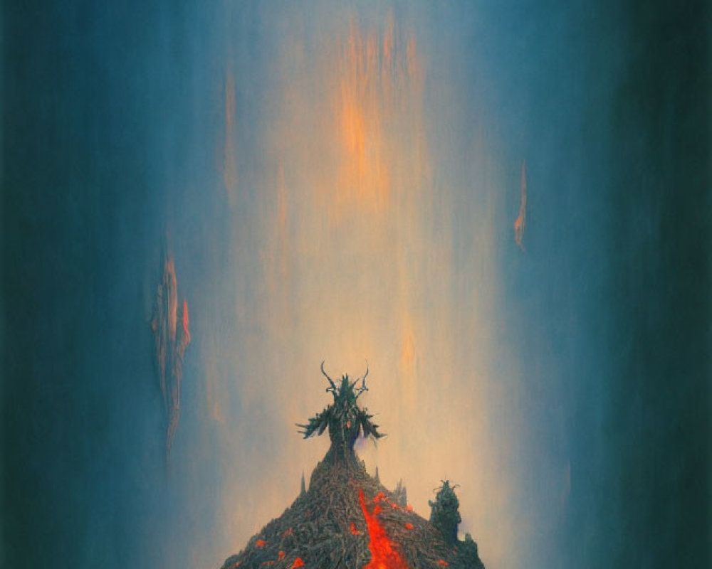 Fantastical painting of fiery lava mound with dark figure under orange streaked sky