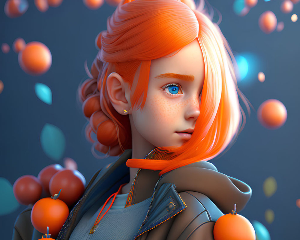 Red-haired girl with freckles surrounded by orange spheres on blue background