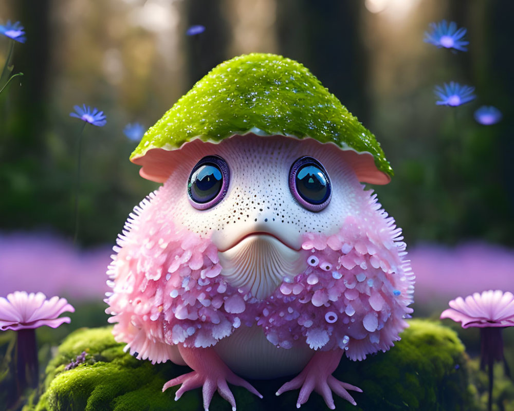 Illustration of whimsical creature with mushroom cap head and pink beard