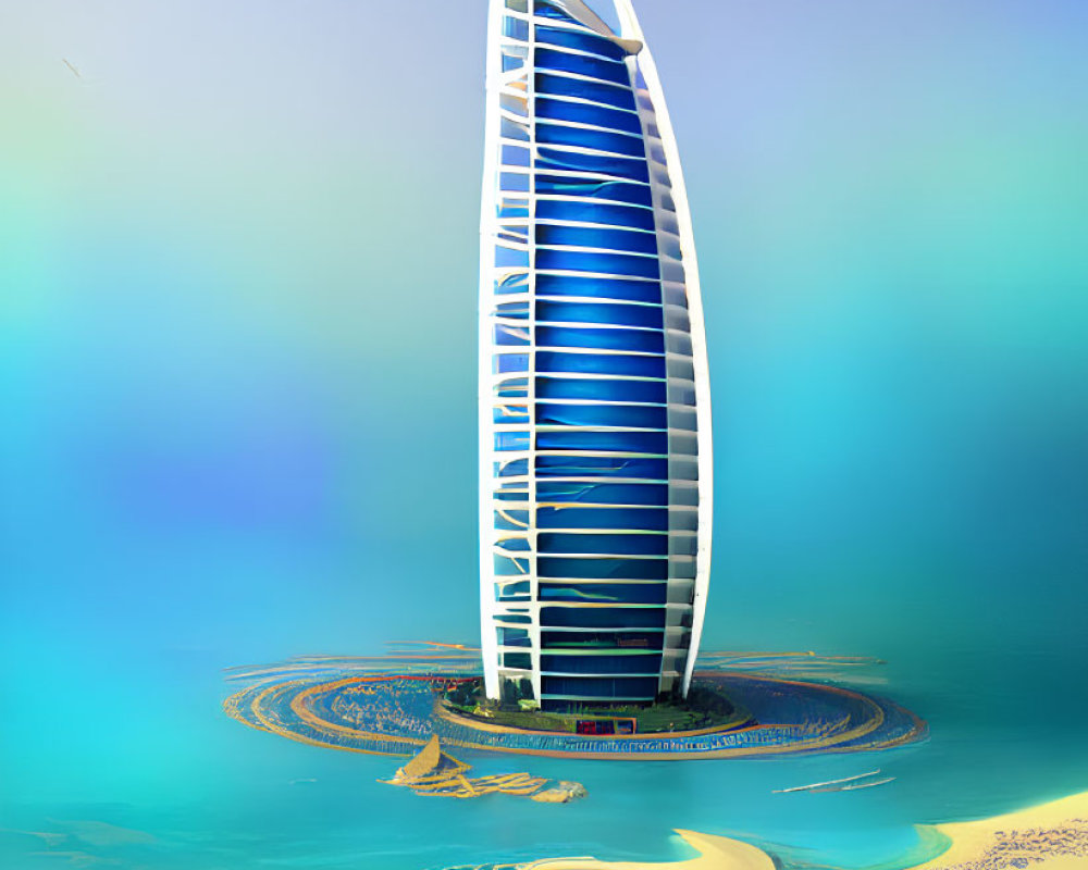 Vibrant digital artwork of Burj Al Arab in Dubai with desert and sea motifs