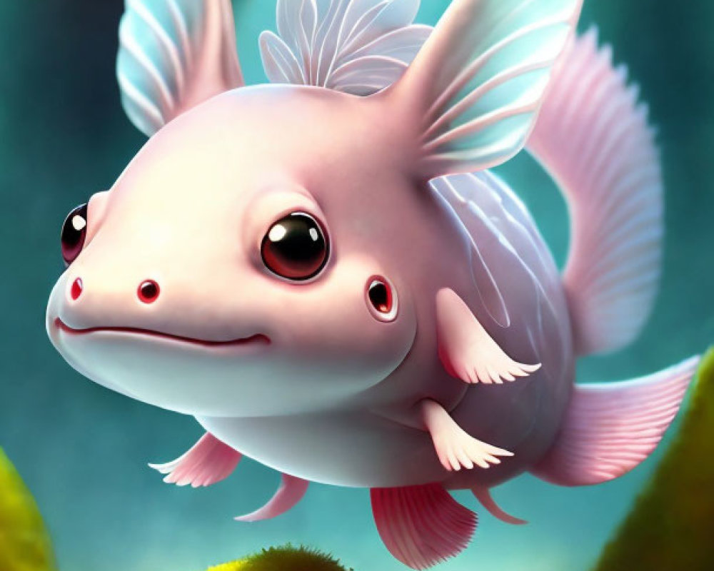 Pink axolotl illustration with expressive eyes and feathery gills in water.