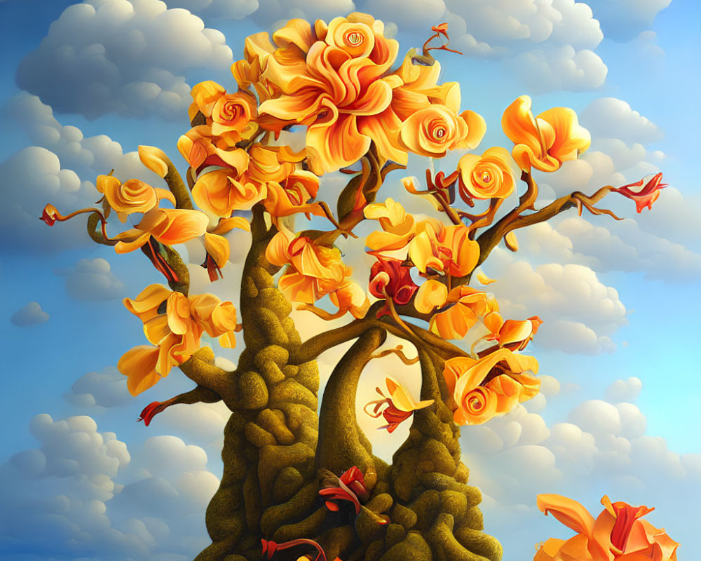 Vibrant tree with orange and yellow rose-like blooms against a surreal sky