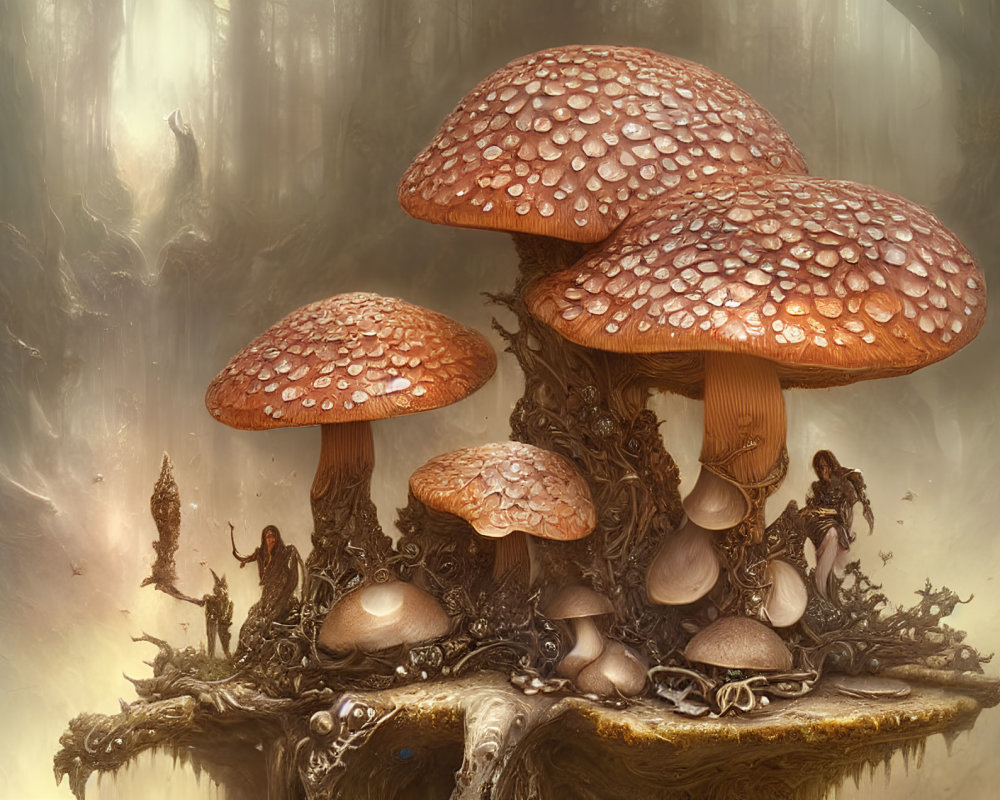 Digital artwork: Oversized dew-covered mushrooms on gnarled tree stump in ethereal forest