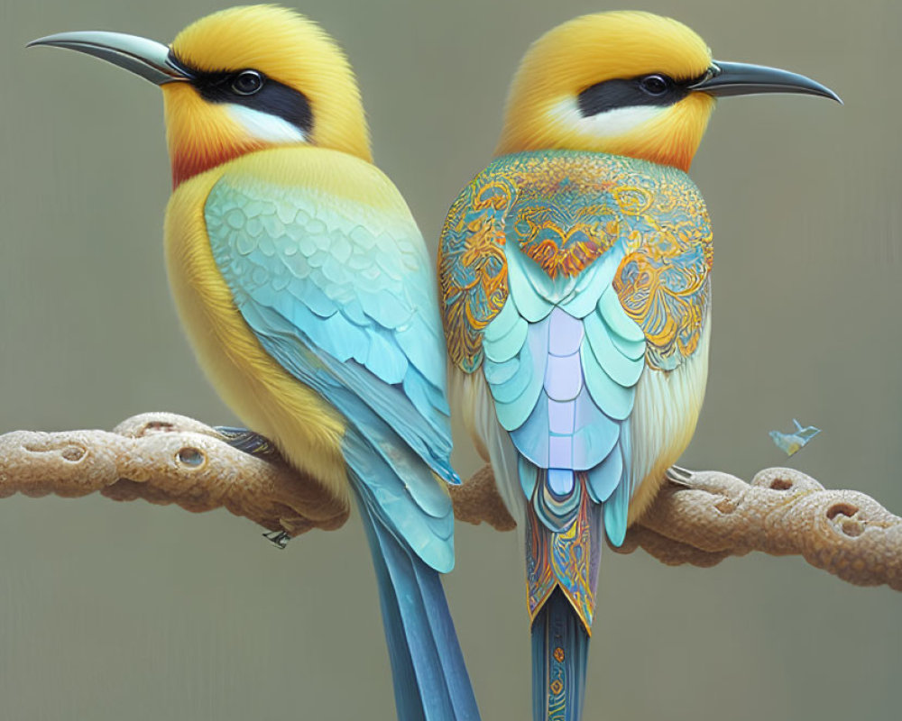 Ornately patterned birds with intricate designs on branch under warm light