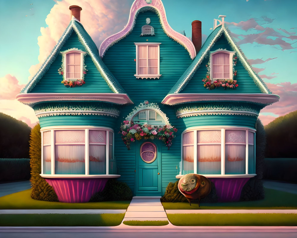 Symmetrical Blue Victorian House with Pink Accents and Snail at Dusk