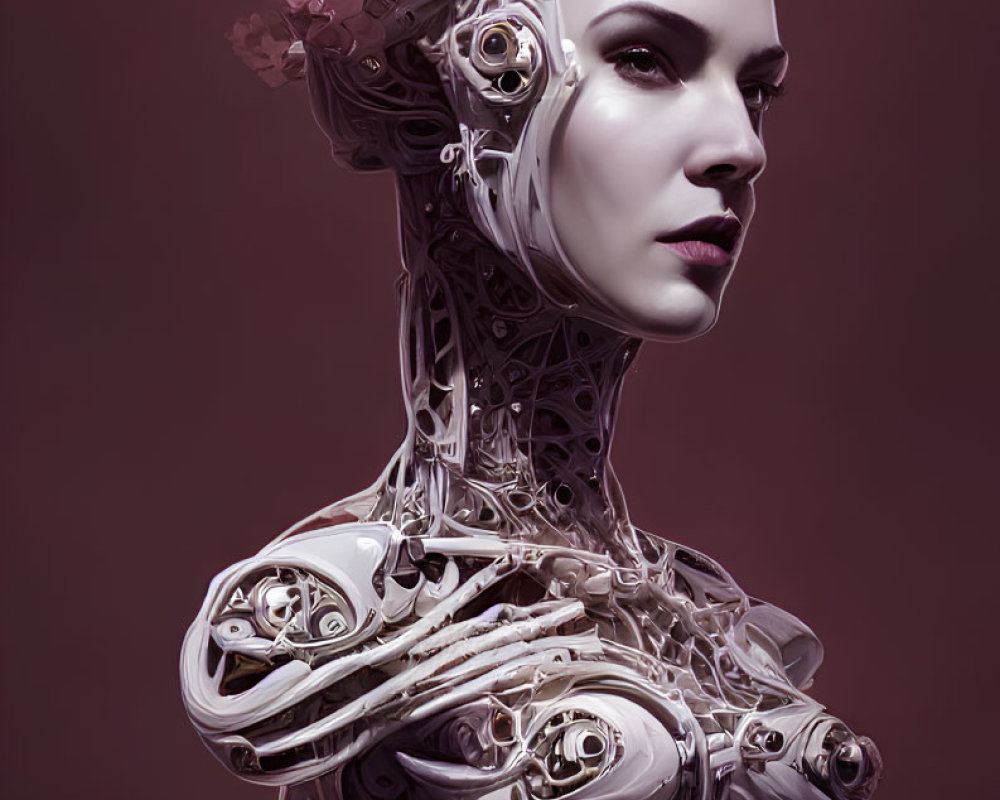 Female Android with Mechanical Details and Pink Blossoms