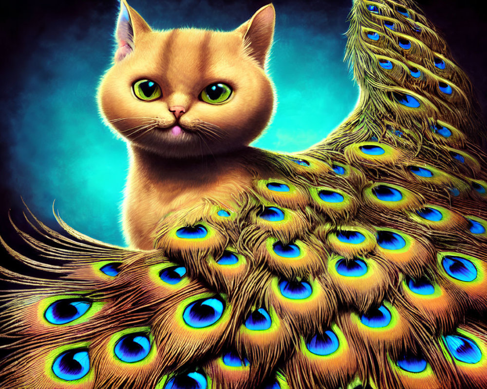 Colorful Cat Illustration with Peacock Feather Tail on Blue Background