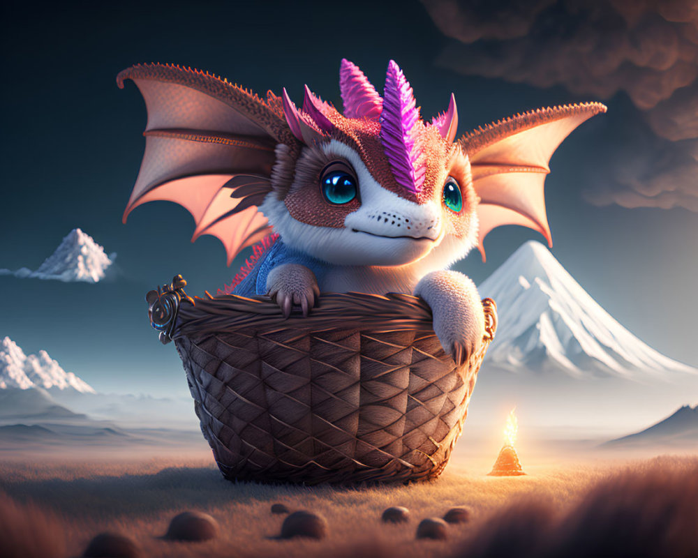 Dragon-like creature in woven basket on serene landscape with rolling hills and distant mountains.