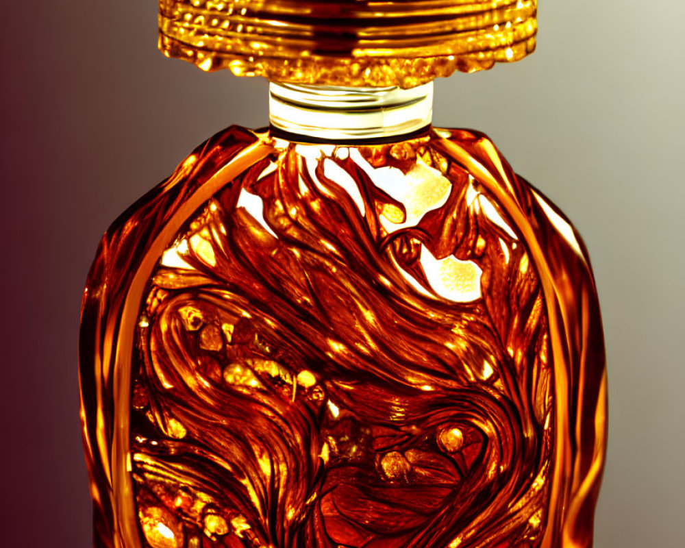 Amber-colored Glass Perfume Bottle with Faceted Cap on Gradient Background