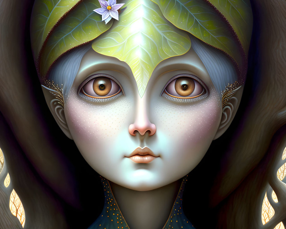 Fantasy character digital painting with leaf headwear and purple eyes.