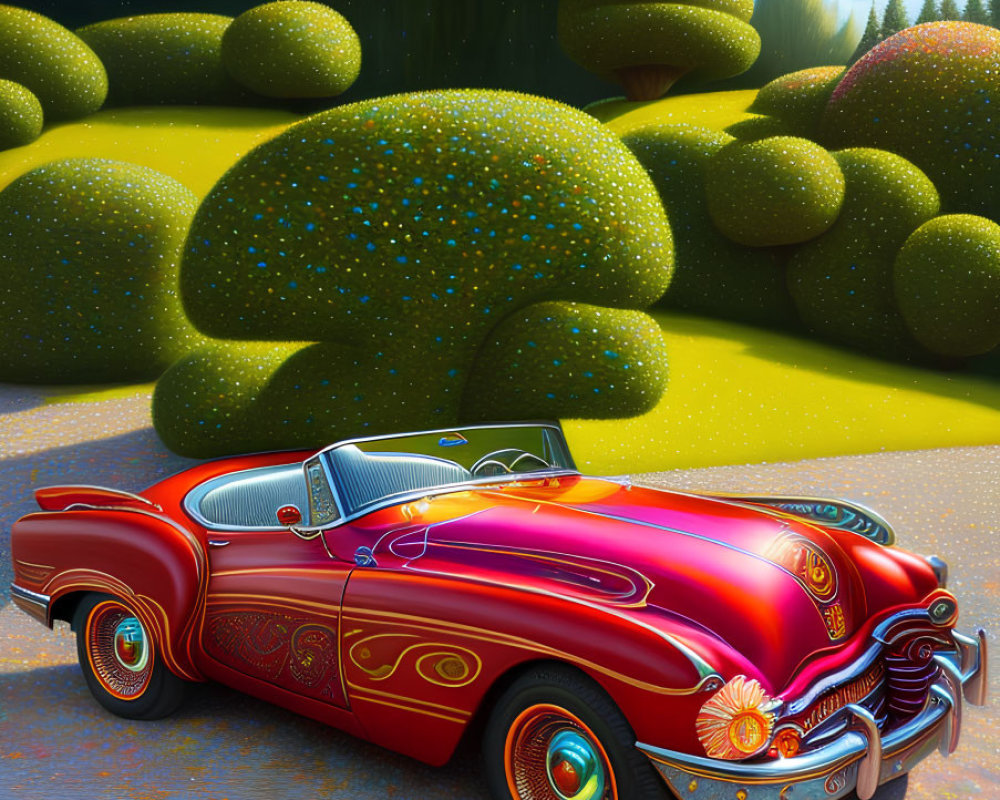 Colorful Illustration of Red Convertible on Whimsical Landscape