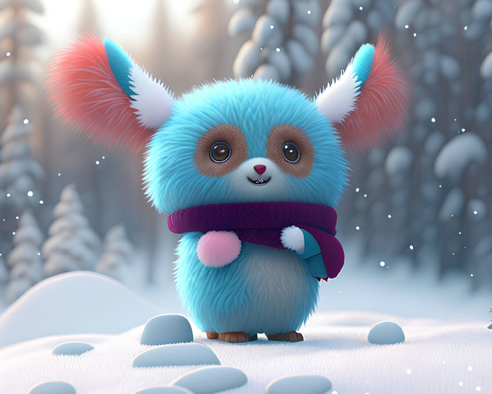 Blue Creature with Pink Ears in Purple Scarf on Snowy Ground