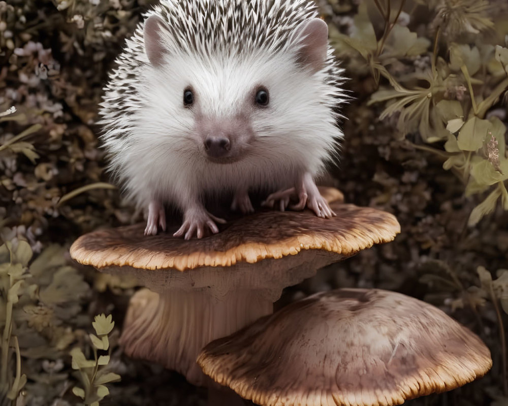 Adorable hedgehog on mushrooms in sepia forest