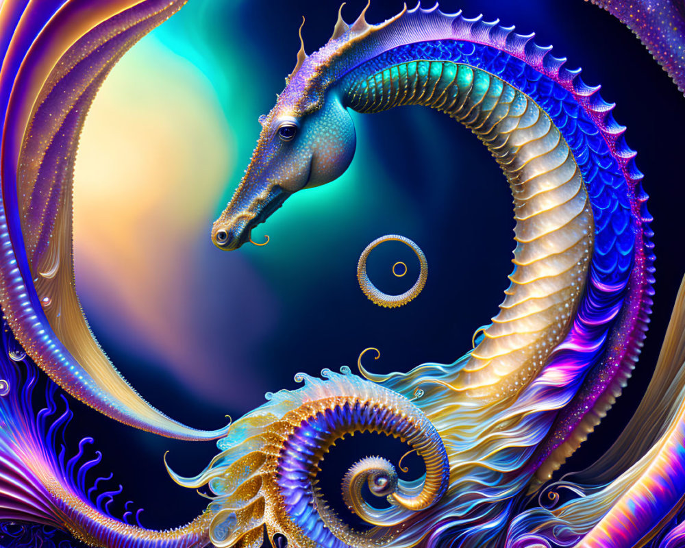 Colorful Digital Art: Stylized Seahorse with Cosmic Background