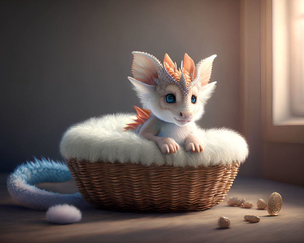 Fantasy creature in basket with white cushion, nuts, and coin by sunny window