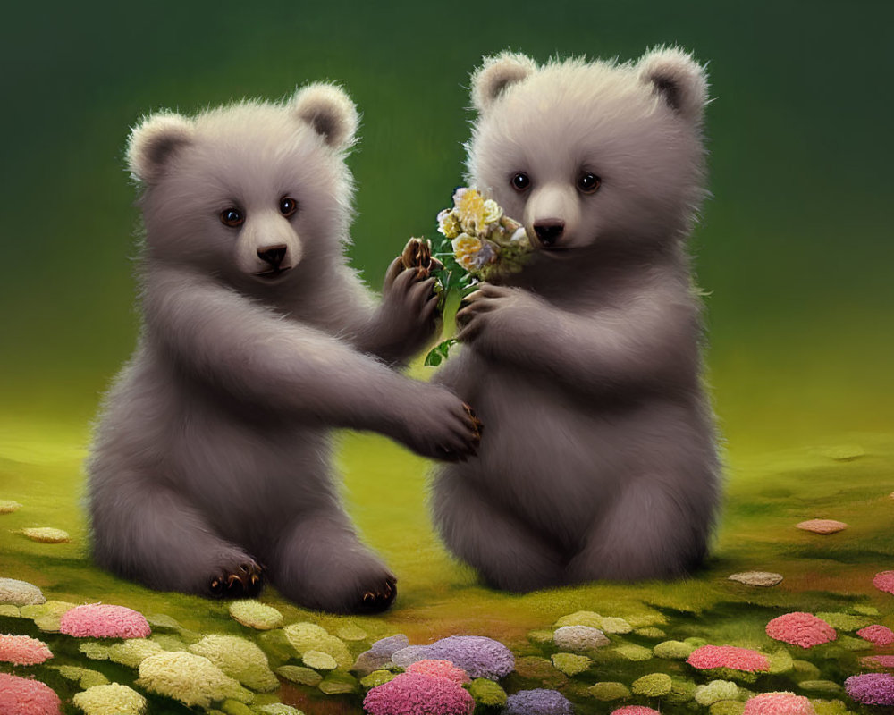 Fluffy bear cubs with colorful flowers on soft green backdrop