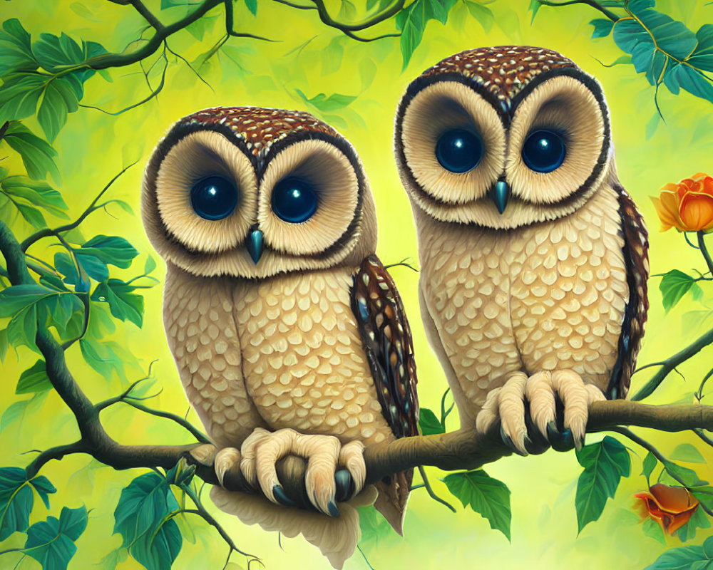 Stylized cartoon owls perched on a branch with expressive eyes amid green foliage.