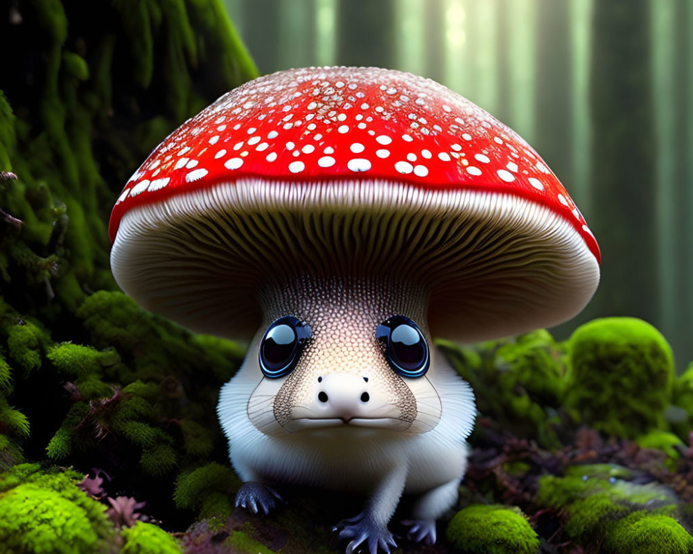 Illustration of creature with animal body and mushroom cap in lush forest