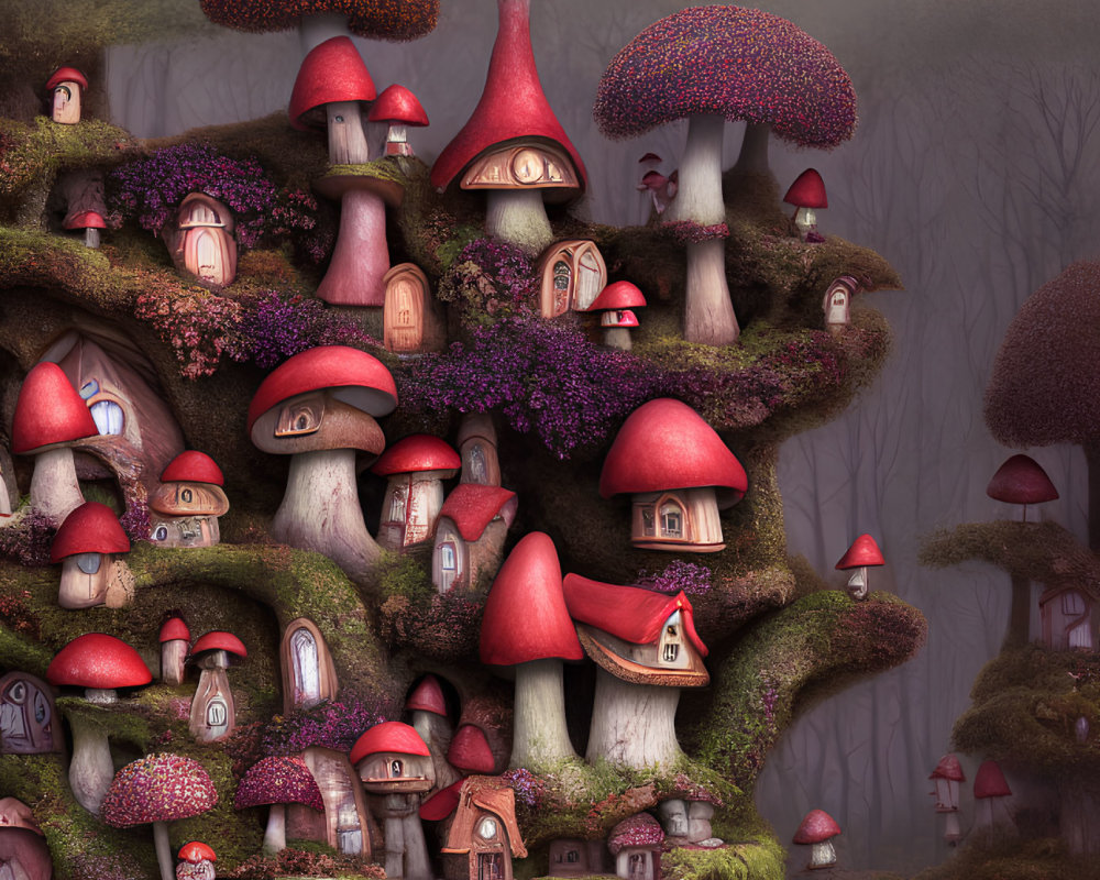 Whimsical mushroom village in misty forest landscape