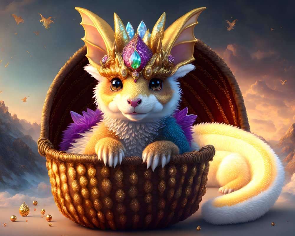 Whimsical creature with crown in woven basket on mountain backdrop