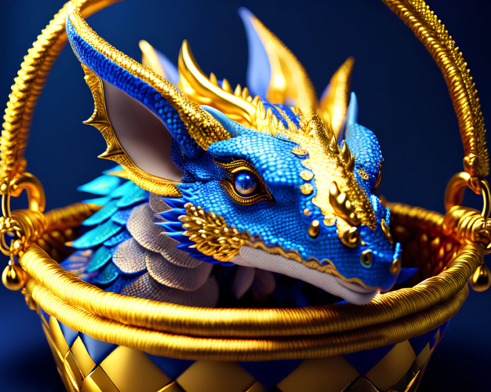 Blue and Gold Dragon in Ornate Basket on Deep Blue Background