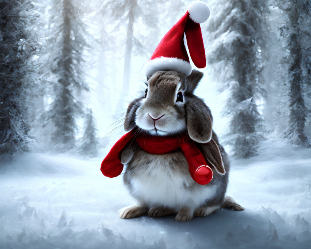 Adorable Rabbit in Santa Hat and Red Scarf in Snowy Forest