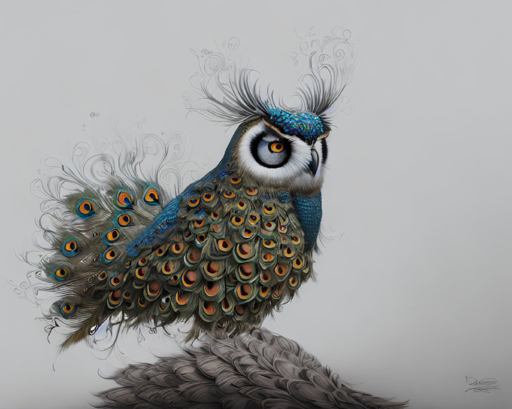 Illustrated owl with peacock feathers in blue and gold patterns