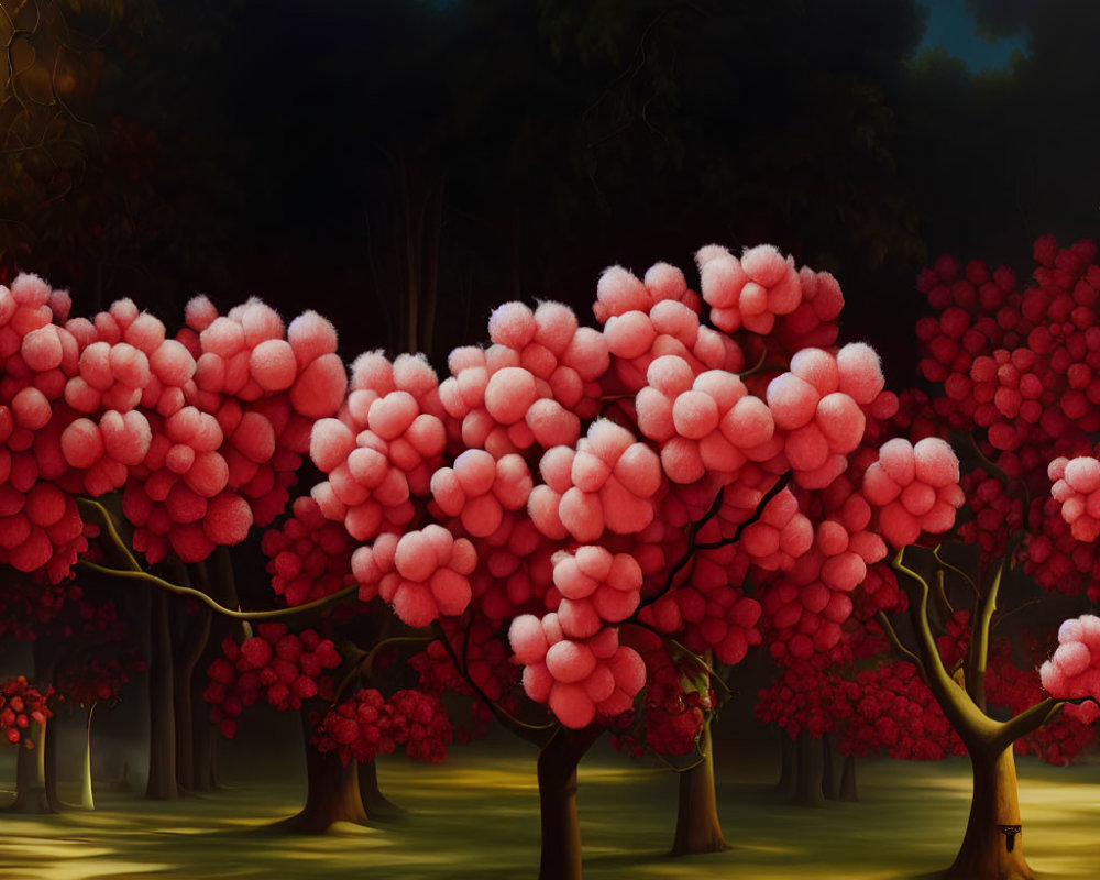 Surreal landscape with fluffy pink and red cotton candy trees on dark background