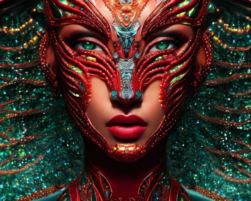 Symmetrical portrait of figure with red and gold headgear and teal accents