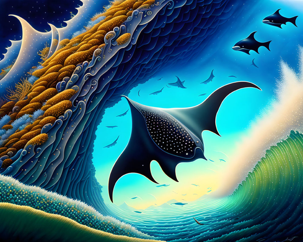 Colorful underwater scene with manta ray, fish schools, coral, and crescent moon.