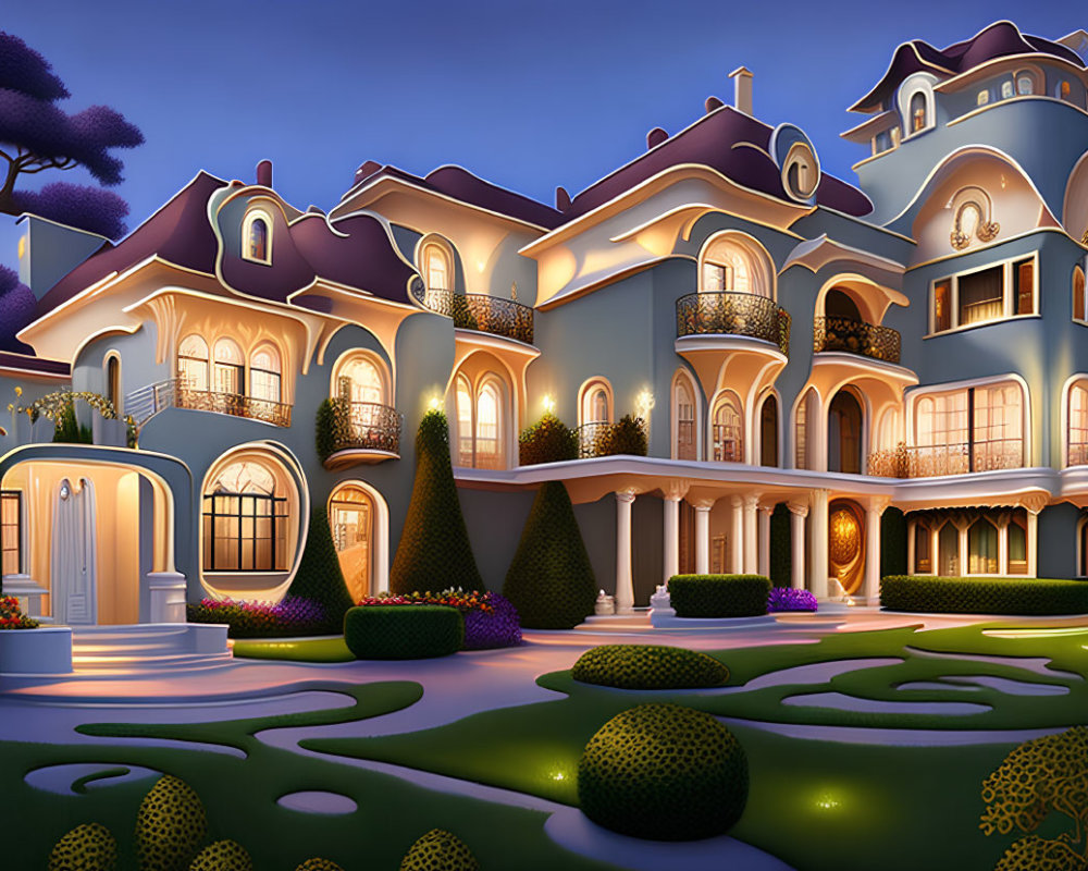 Ornate multi-story house illustration at twilight with illuminated windows and balconies