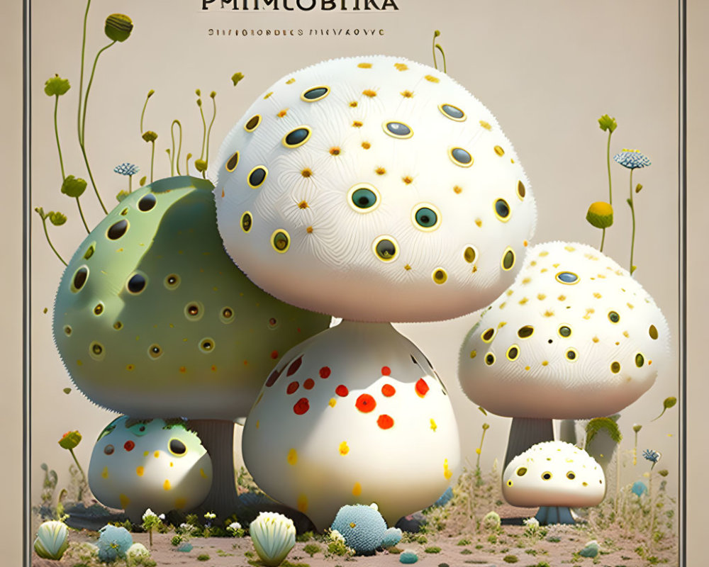 Stylized mushrooms with intricate patterns in vintage setting