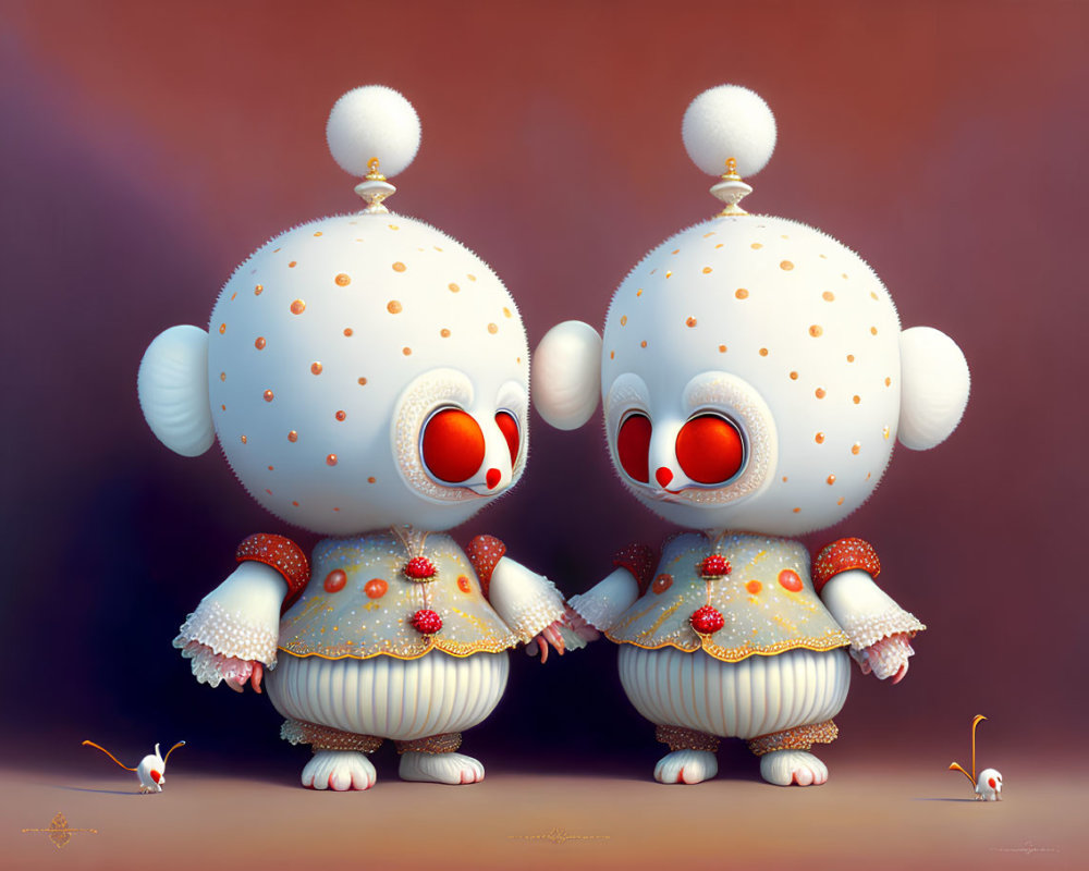 Whimsical animated characters in polka-dotted attire hold hands