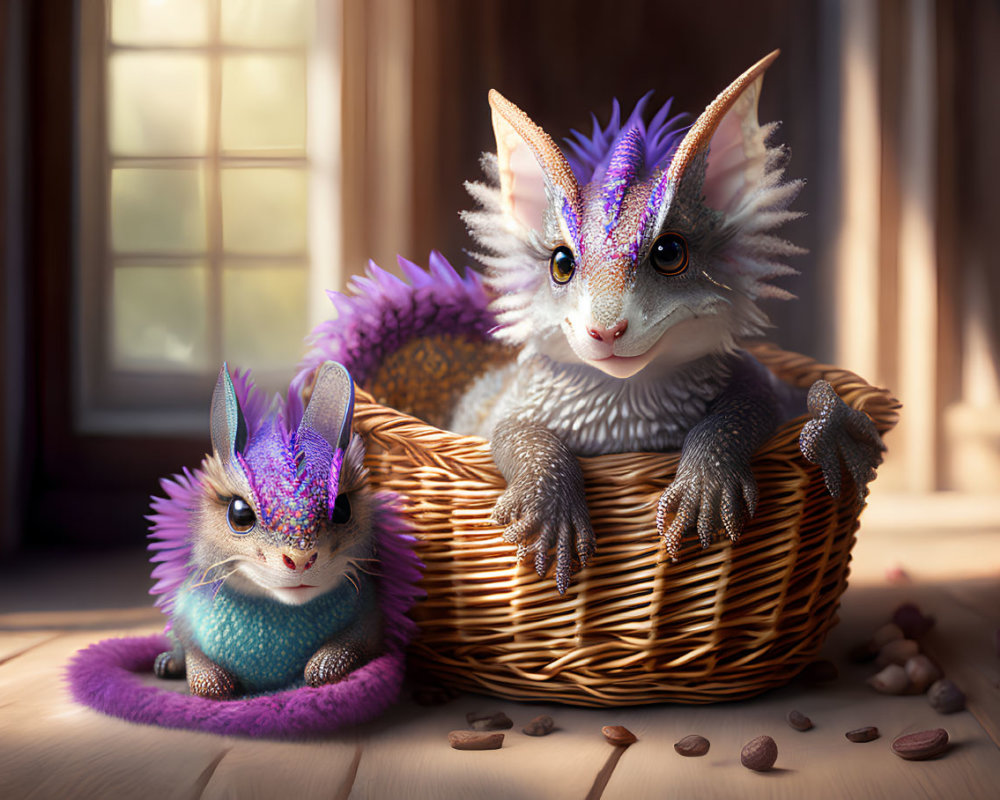 Colorful Sparkling Dragon-Like Creatures in Wicker Basket with Nuts