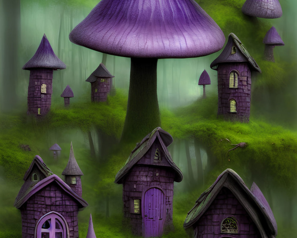 Whimsical purple mushroom houses in misty forest scene