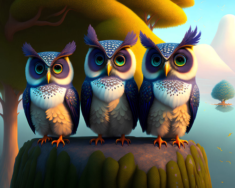 Colorful animated owls on branch in magical forest