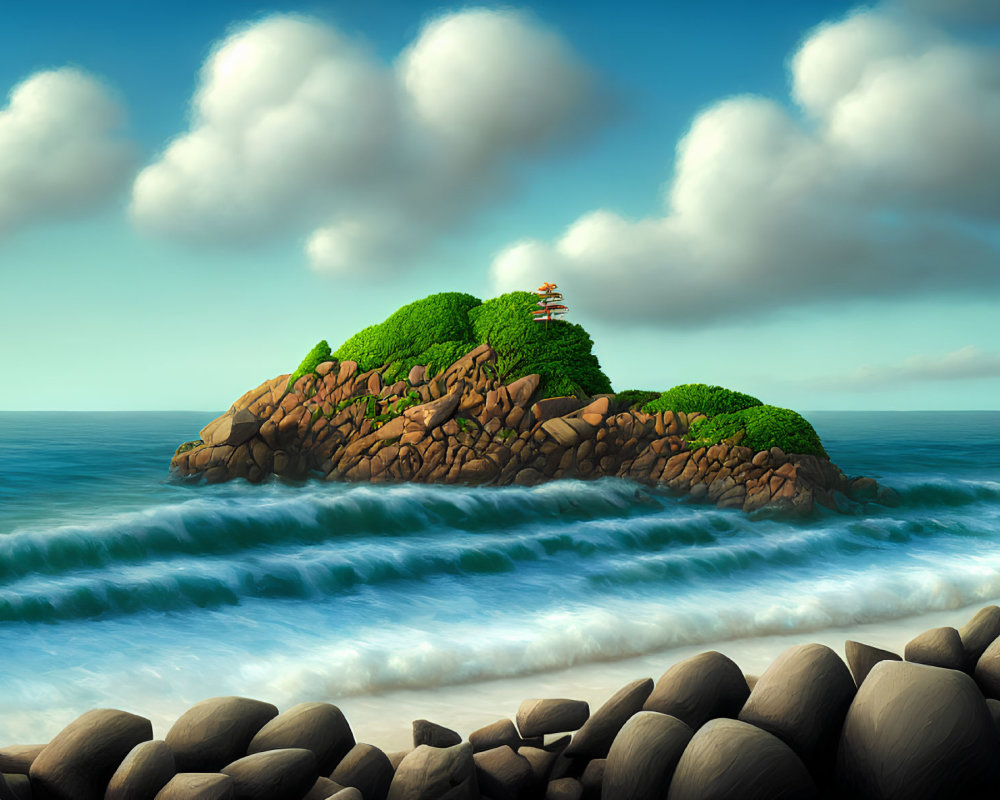 Tranquil digital art of lush island with lighthouse