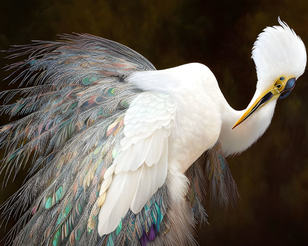 White Egret Bird with Vibrant Peacock Feather-Like Tail Against Dark Background