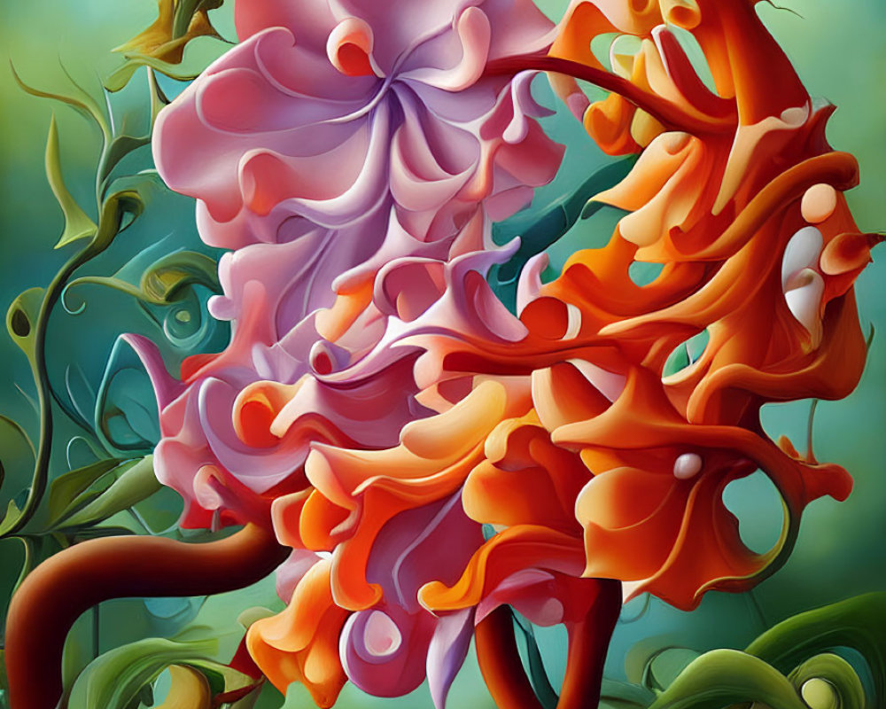 Colorful Abstract Painting: Swirling Floral Shapes in Orange, Purple, and Green