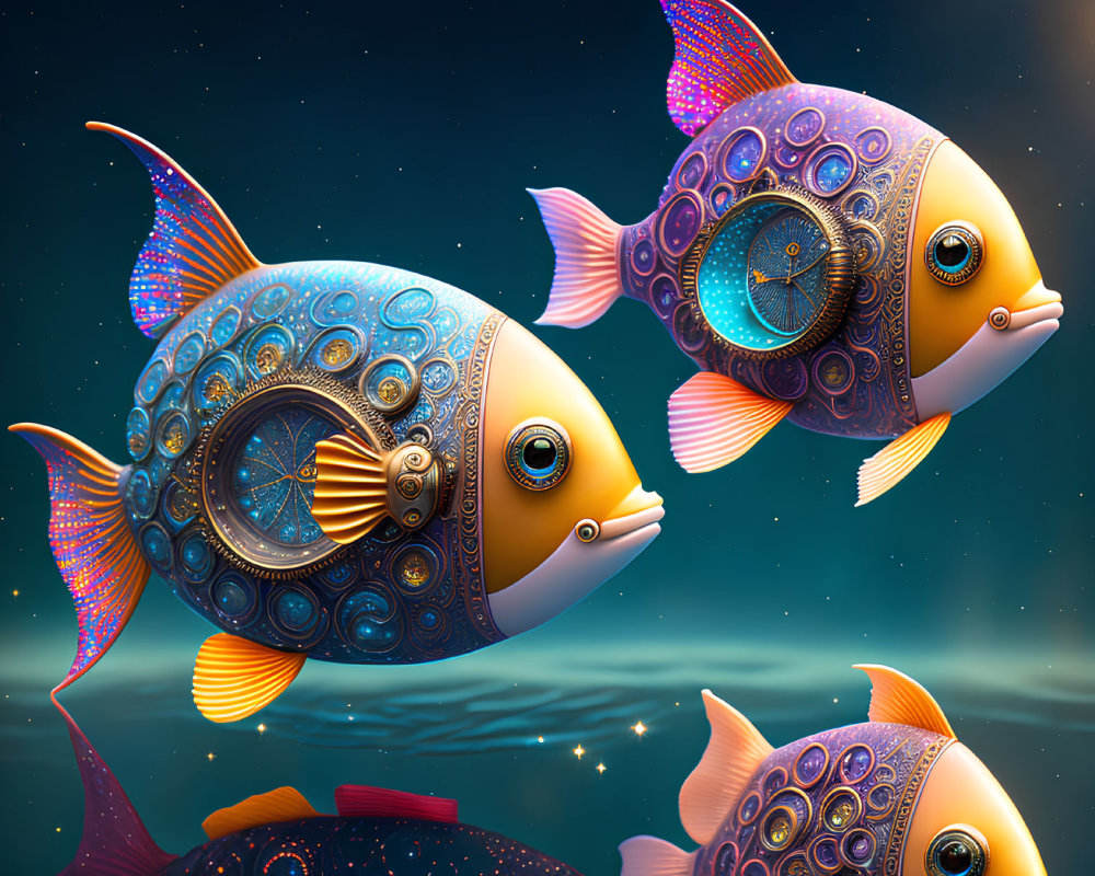 Stylized digital artwork: Three mechanical fish in vibrant colors underwater