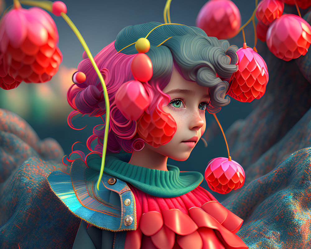 Colorful digital artwork featuring girl with teal hair and red ornaments on textured backdrop
