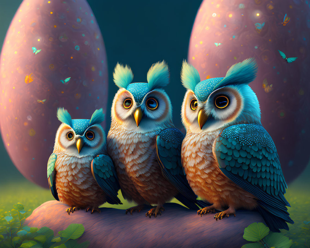 Stylized cartoon owls with blue crests in magical forest scene