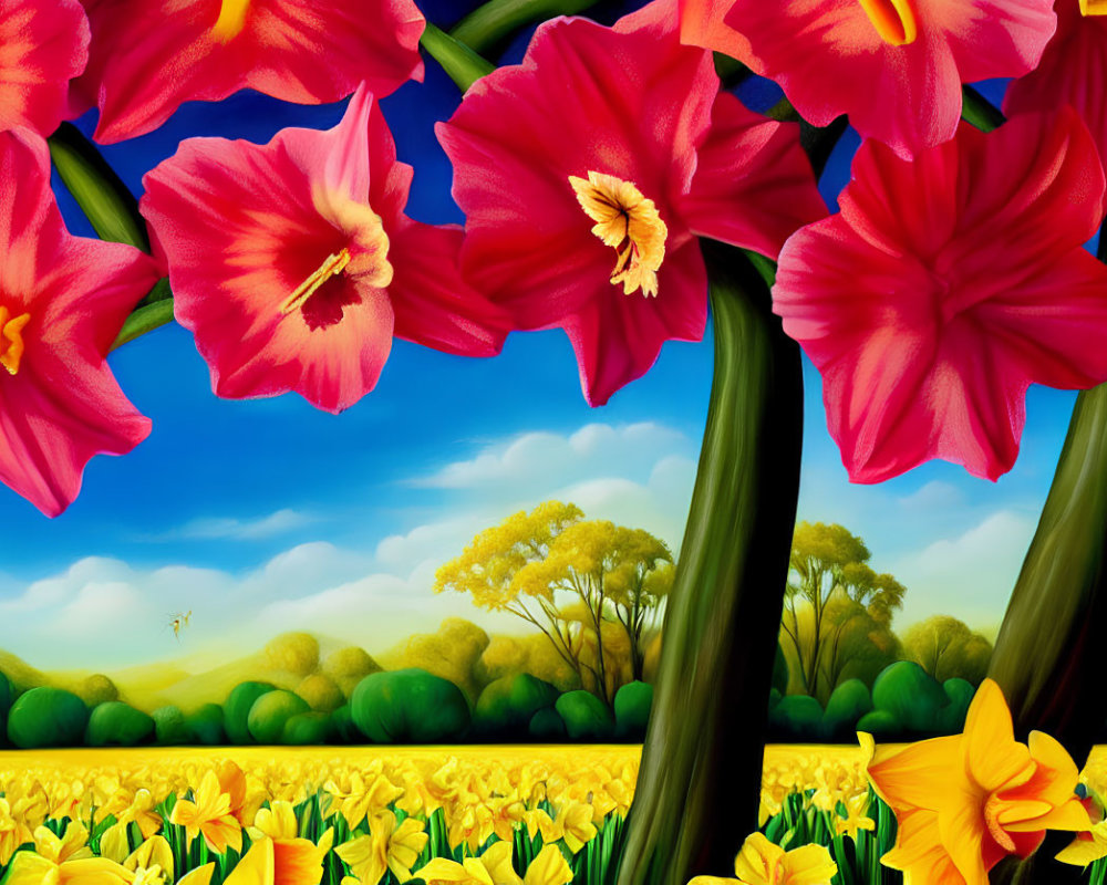 Detailed artwork featuring oversized red flowers in foreground with yellow flowers and lush trees under a blue sky.