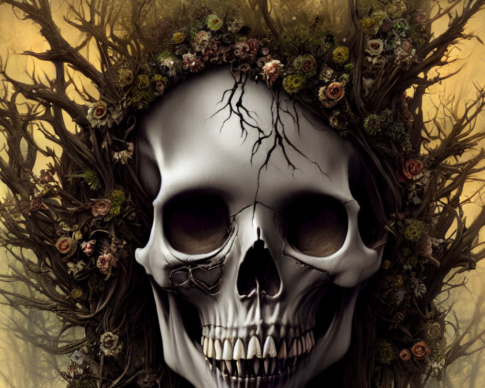 Skull with Branch Crown and Flowers on Sepia Background